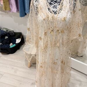 Anthropologie Gold and Cream Lace Dress Caftan with Slip